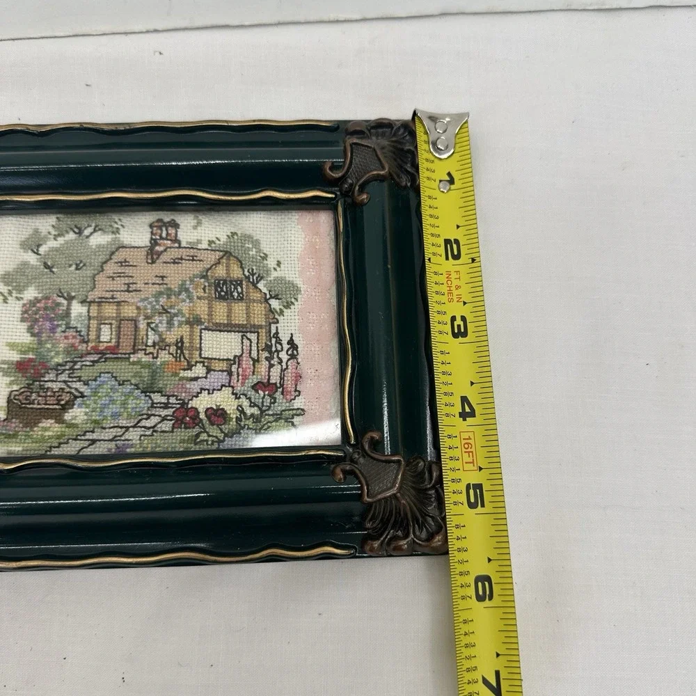 Embroidered Cross Stitch Handmade Vtg Countryside Rustic Cottage 7